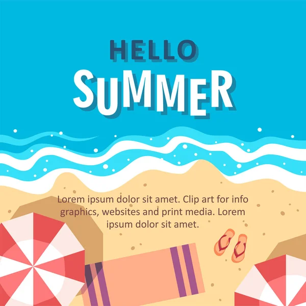Hallo zomer concept vector illustratie. Top uitzicht op het strand. Sjabloon voor poster, banner, kaart, flyer etc. — Stockvector