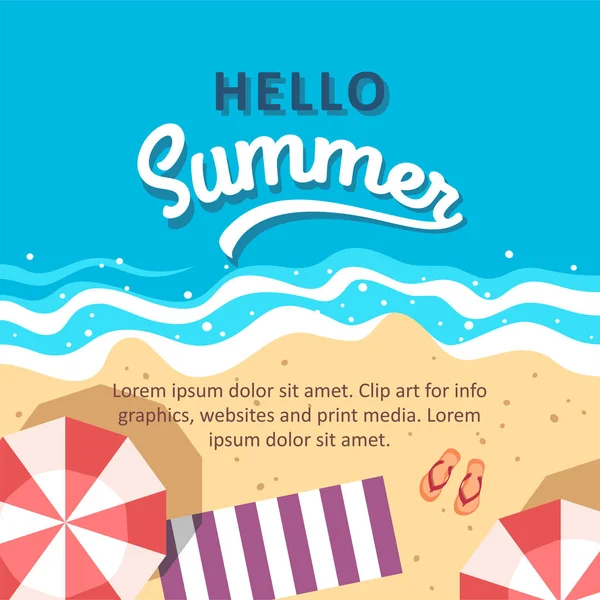 Bonjour illustration vectorielle concept d'été. Vue de dessus de la plage. Modèle pour affiche, bannière, carte, flyer, etc. . — Image vectorielle