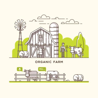 Organik tarım. Süt ve süt ürünleri. Vektör çizim.