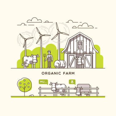 Organik tarım. Süt ve süt ürünleri. Vektör çizim.