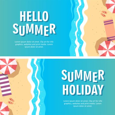 Yaz tatil kavramı vektör çizim. Üstten Görünüm Beach. Poster, afiş, kart, el ilanı vb. için şablon.