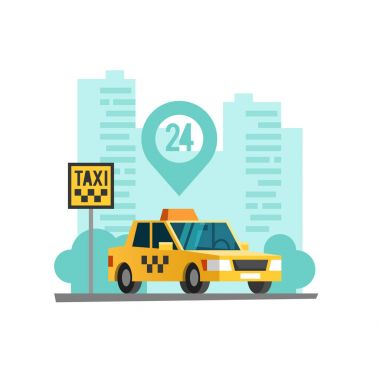 Taksi hizmet anlayışı. Taksi otopark sokak şehir. Vektör çizim.