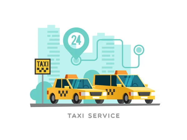 Concept de service de taxi. Taxi parking voitures le long de la rue de la ville. Illustration vectorielle . — Image vectorielle