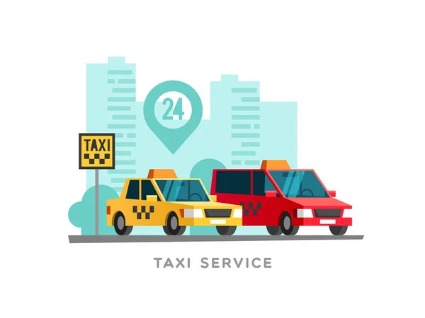 Pojęcie usługi taxi. Taxi samochody parking wzdłuż ulicy miasta. Ilustracja wektorowa. — Wektor stockowy