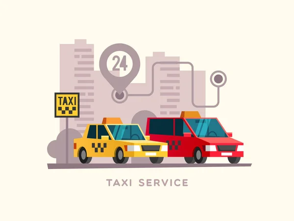 Concept de service de taxi. Taxi parking voitures le long de la rue de la ville. Illustration vectorielle . — Image vectorielle