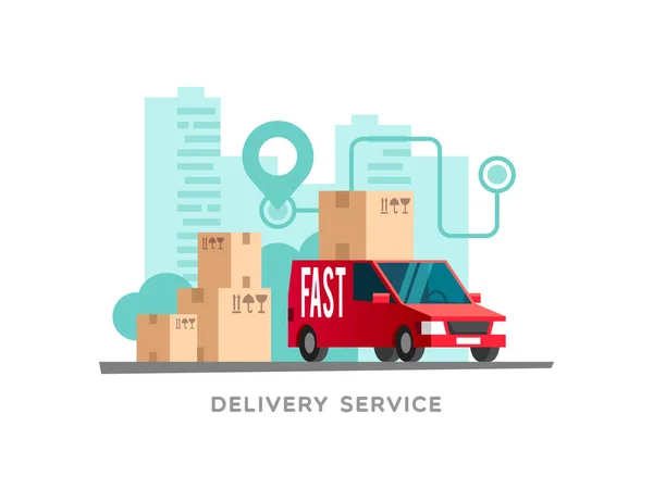 Concepto del servicio de entrega. Vector Ilustración de envío rápido. Camión furgoneta en fondo ciudad . — Vector de stock