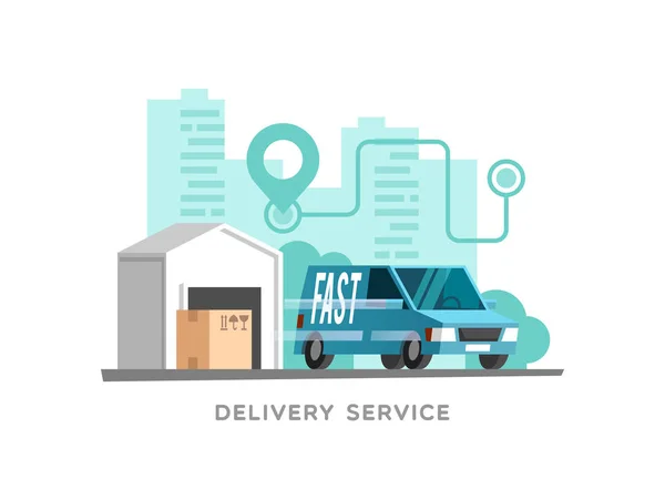 Concepto del servicio de entrega. Vector Ilustración de envío rápido. Camión furgoneta en fondo ciudad . — Vector de stock