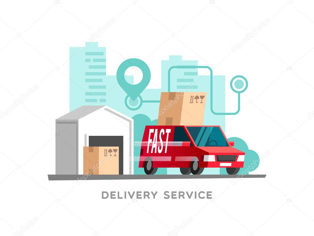 Concept of the delivery service. Vector Illustration of fast shipping. Truck van on city background.