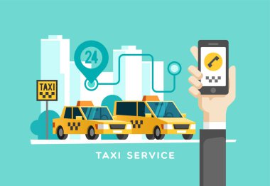 Taksi hizmet anlayışı. El ile smartphone - app üstünde belgili tanımlık perde hareket eden telefon. Vektör çizim.