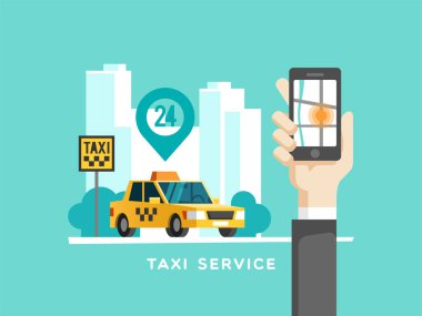 Taksi hizmet anlayışı. El ile smartphone - app üstünde belgili tanımlık perde hareket eden telefon. Vektör çizim.