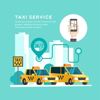 Taksi hizmet anlayışı. El ile smartphone - app üstünde belgili tanımlık perde hareket eden telefon. Vektör çizim.