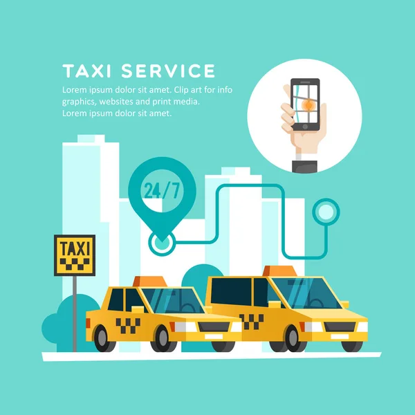 Concept de service de taxi. Main avec smartphone - app sur l'écran du téléphone mobile. Illustration vectorielle . — Image vectorielle