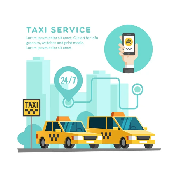 Taxi-Service-Konzept. Hand mit Smartphone - App auf dem Bildschirm des Mobiltelefons. Vektorillustration. — Stockvektor