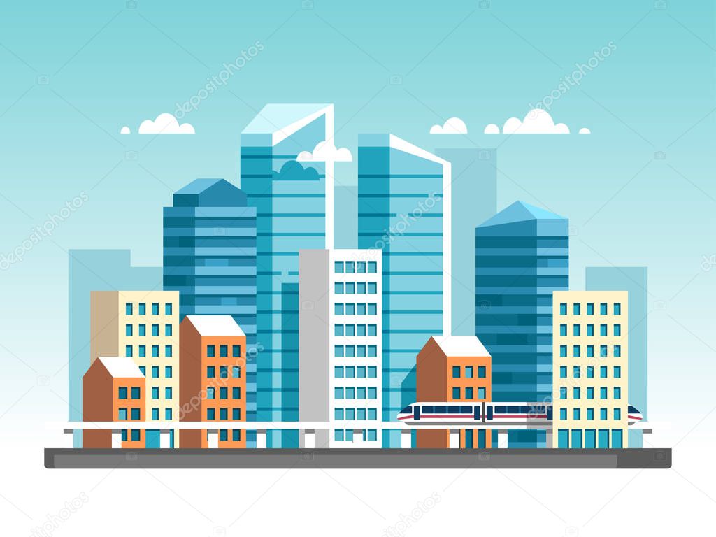 City downtown landscape with high skyscrapers and subway. Vector illustration.