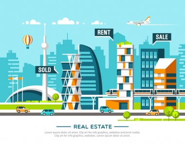 Şehir manzarası. Emlak ve inşaat iş kavramı evleriyle. Vektör çizim.