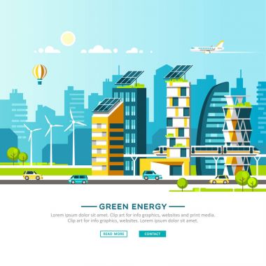 Yeşil enerji ve çevre dostu şehir. Modern evler ve şehir ulaşım, kentsel yatay. Vektör çizim.