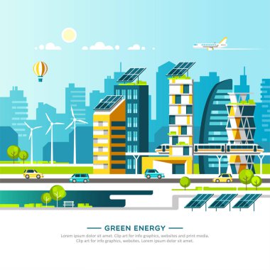 Yeşil enerji ve çevre dostu şehir. Modern evler ve şehir ulaşım, kentsel yatay. Vektör çizim.