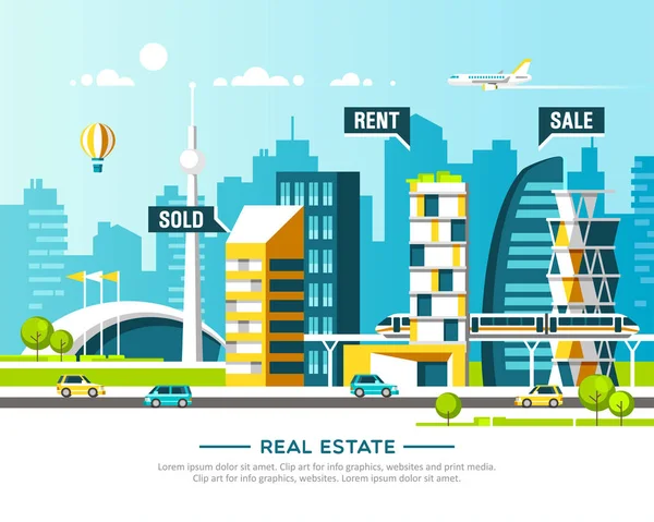 City landscape. Real estate and construction business concept with houses. Vector illustration. — Stock Vector