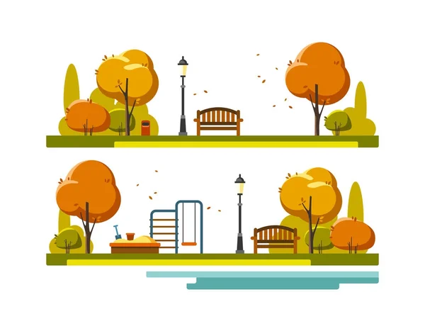 Autumn landscape background. Public park with children playground. Vector illustration. — Stock Vector