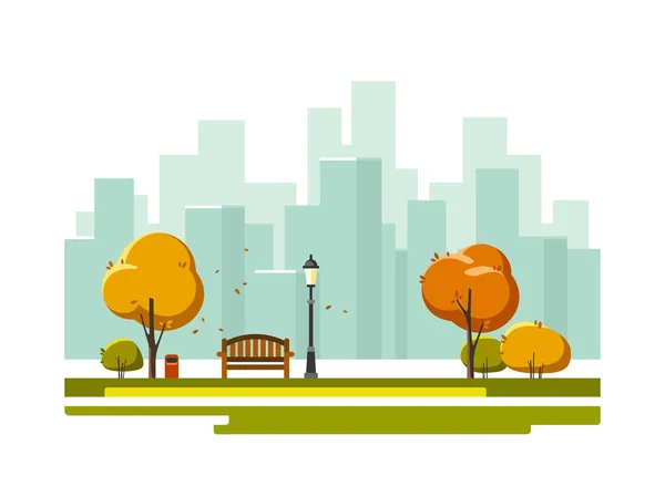 Hösten landskap bakgrund. Offentlig park i staden med lekplats. Vektorillustration. — Stock vektor