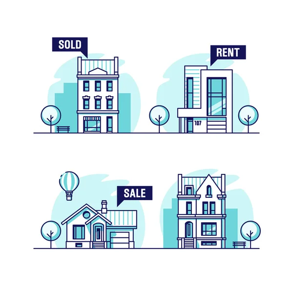 Conjunto de casas urbanas y suburbanas. Concepto inmobiliario. Ilustración vectorial . — Vector de stock