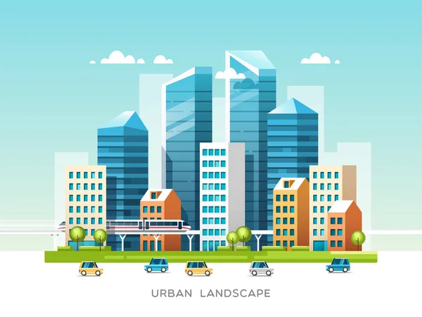 Paisagem urbana com edifícios, arranha-céus e transporte urbano. Conceito da indústria imobiliária e da construção. Ilustração vetorial . — Vetor de Stock