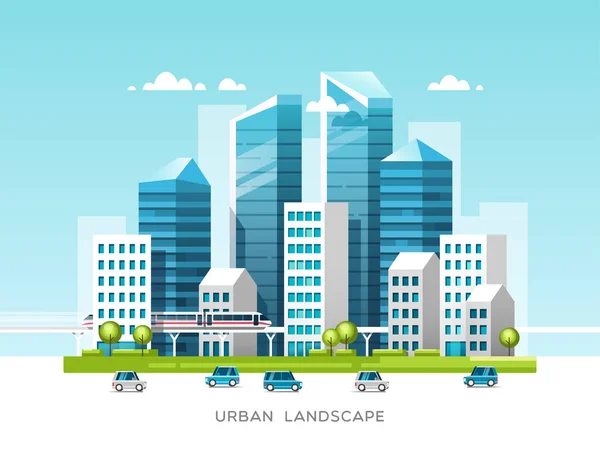 Міський пейзаж з будівлями, хмарочосами та міським транспортом. Концепція нерухомості та будівельної галузі. Векторні ілюстрації . — стоковий вектор