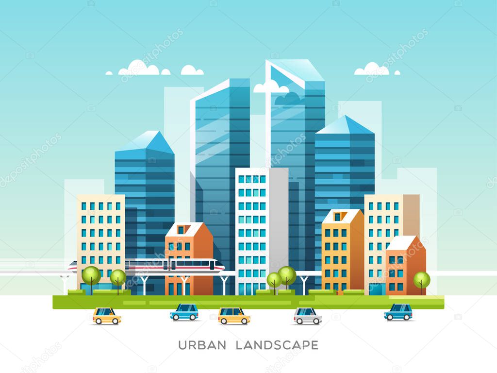Urban landscape with buildings, skyscrapers and city transport. Real estate and construction industry concept. Vector illustration.
