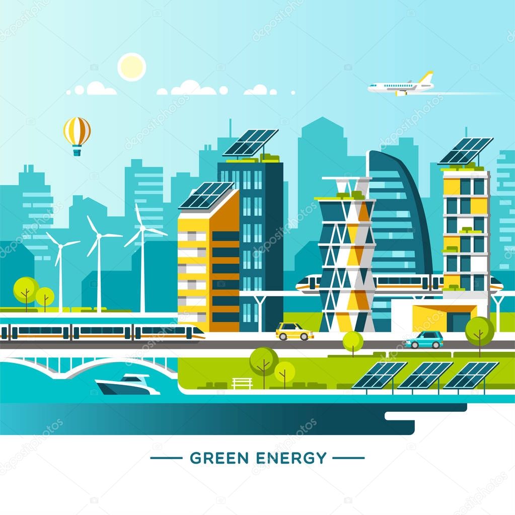 Green energy and eco friendly city. Solar and wind power. Urban landscape with modern houses and city transport. Vector illustration.
