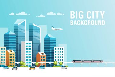 Büyük şehir. Kentsel peyzaj binalar, gökdelenler ve Belediye ulaşım. Gayrimenkul ve İnşaat Sanayi kavramı. Vektör çizim.