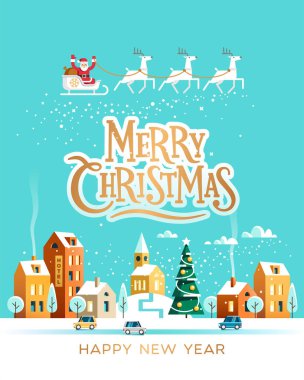 Noel Baba ile şehrin yukarıda gökyüzünde geyikler. Kentsel kış manzarası. Karlı sokak. Mutlu Noeller ve mutlu yeni yıl tebrik kartı. Vektör çizim.