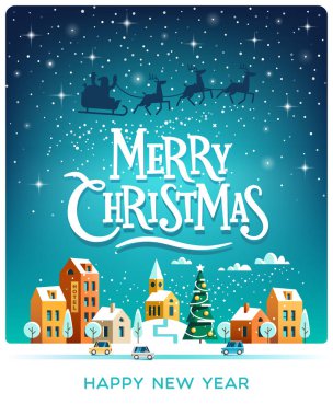 Noel Baba ile şehrin yukarıda gökyüzünde geyikler. Kış city. Mutlu Noeller ve mutlu yeni yıl tebrik kartı. Vektör çizim.