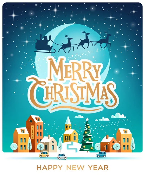 Santa Claus with deers in sky above the town. Winter city. Merry Christmas and Happy New Year greeting card.Vector illustration. — Stock Vector