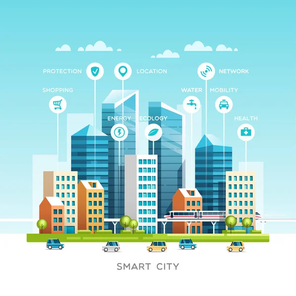 Urban landscape with infographic elements. Smart city. Modern city. Concept website template. Vector illustration. — Stock Vector