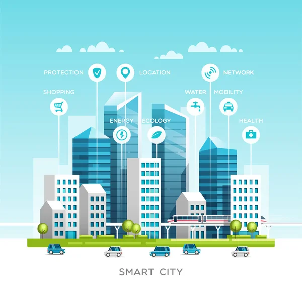 Urban landscape with infographic elements. Smart city. Modern city. Concept website template. Vector illustration. — Stock Vector