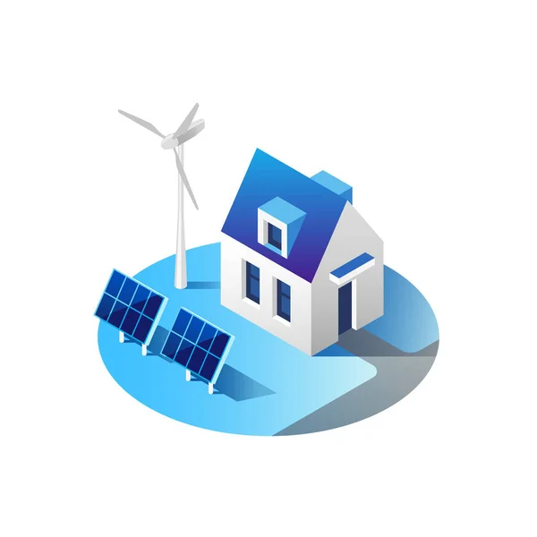 Energía verde y eco amigable casa moderna. Paneles solares y turbina eólica generando electricidad. Ilustración isométrica vectorial . — Vector de stock