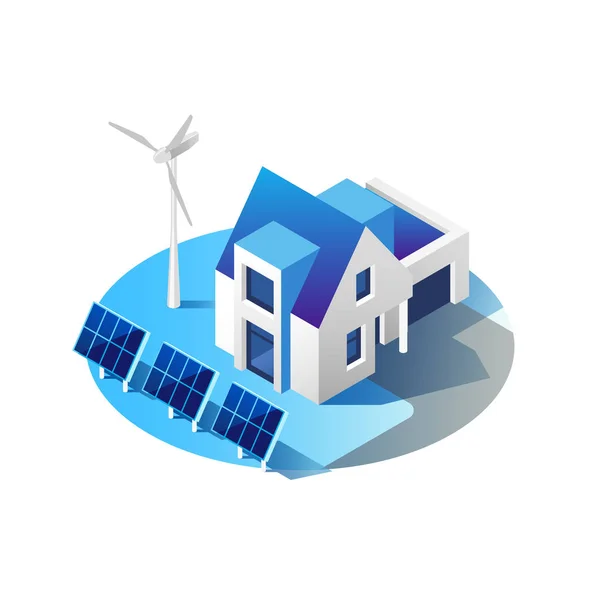 Grön energi och eco friendly moderna hus. Solpaneler och vindkraftverk genererar elektricitet. Isometrisk vektorillustration. — Stock vektor