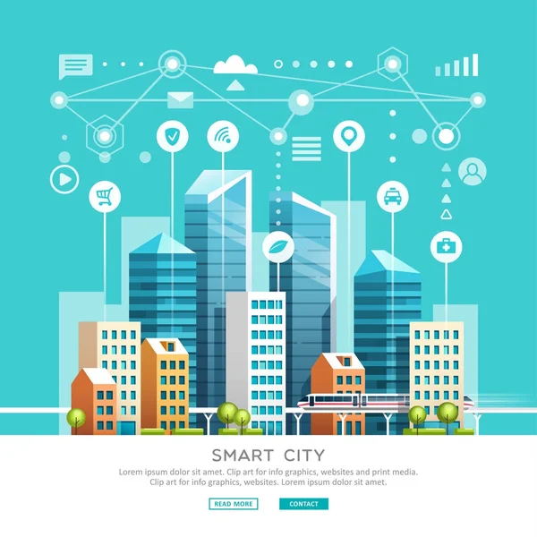 Conceito de cidade inteligente com diferentes ícones e elementos. Tecnologia futura para viver. Paisagem urbana com edifícios e arranha-céus. Ilustração vetorial . —  Vetores de Stock