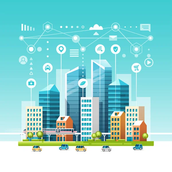 Paisagem urbana com edifícios, arranha-céus e tráfego de transportes. Conceito de cidade inteligente com ícones diferentes. Ilustração vetorial . — Vetor de Stock