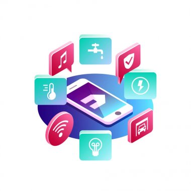 Akıllı ev kontrol kavramı. Akıllı ev app telefonu kullanarak. İzometrik vektör çizim.