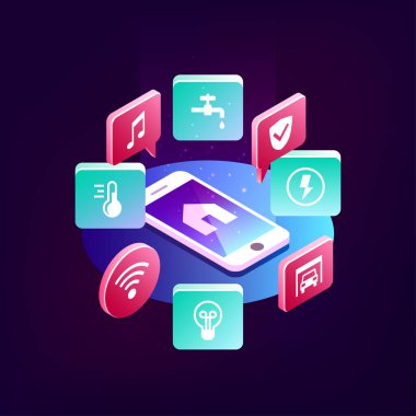 Akıllı ev kontrol kavramı. Akıllı ev app telefonu kullanarak. İzometrik vektör çizim.