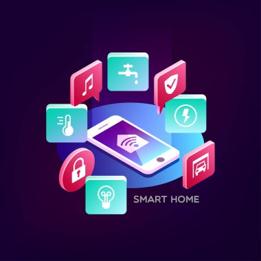 Akıllı ev. Akıllı ev teknolojisi sistemi ile merkezi denetim kavramı. İzometrik vektör çizim.