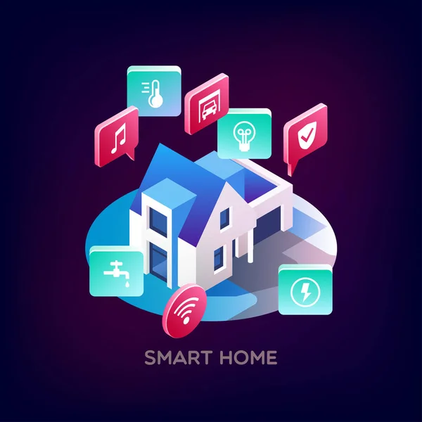 Una casa intelligente. Concetto di sistema di tecnologia smart house con controllo centralizzato. Illustrazione vettoriale isometrica . — Vettoriale Stock