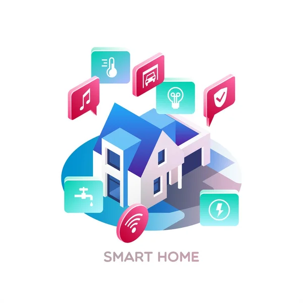 Una casa intelligente. Concetto di sistema di tecnologia smart house con controllo centralizzato. Illustrazione vettoriale isometrica . — Vettoriale Stock