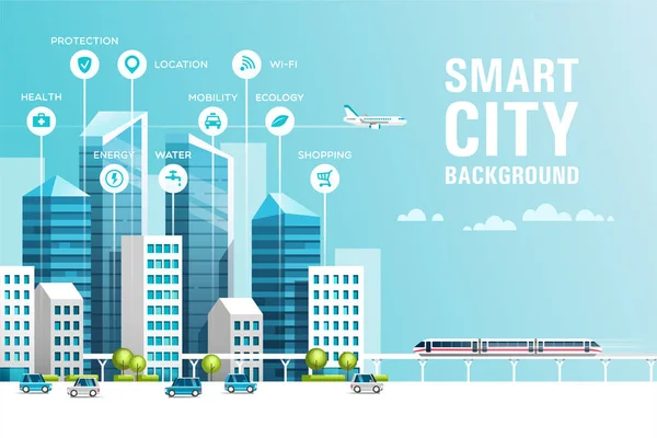 Paisaje urbano con edificios, rascacielos y tráfico de transporte. Concepto de ciudad inteligente con diferentes iconos. Ilustración vectorial . — Archivo Imágenes Vectoriales