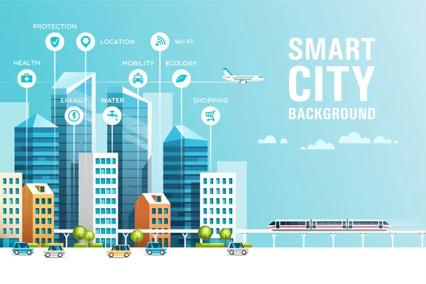 Paysage urbain avec bâtiments, gratte-ciel et circulation des transports. Concept de ville intelligente avec différentes icônes. Illustration vectorielle . — Image vectorielle