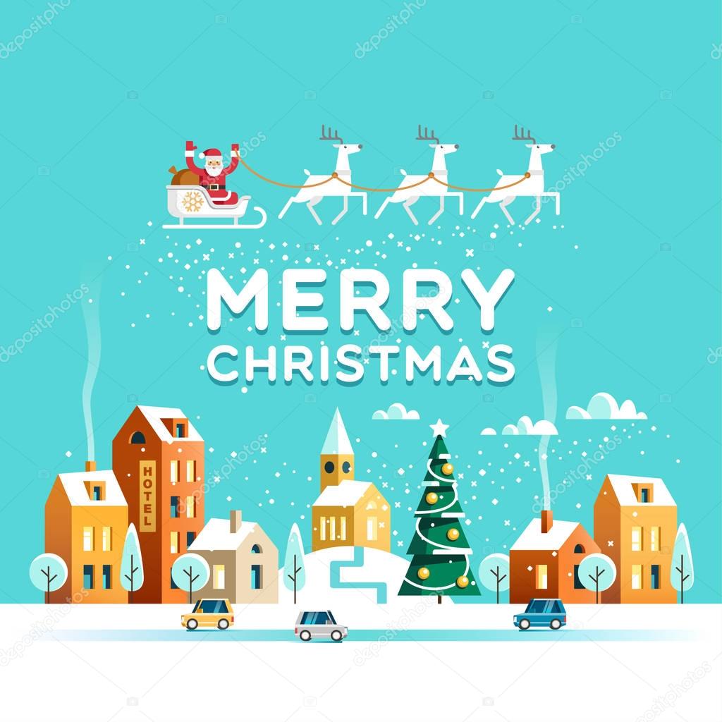 Urban winter landscape. Snowy street. Santa Claus with deers in sky above the town. Merry Christmas and Happy New Year greeting card. Vector illustration.
