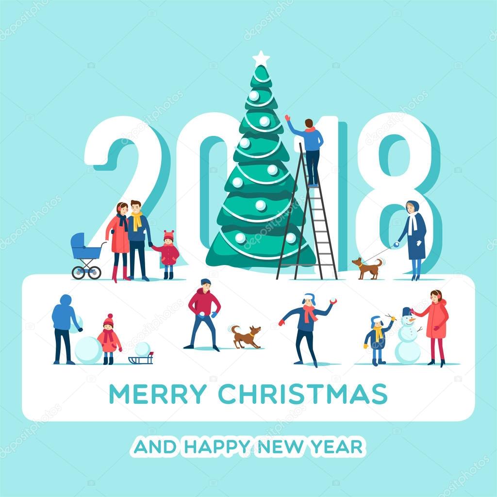 Snowy street. Urban winter landscape with people. Merry Christmas and Happy New Year greeting card. Holidays banner. Vector illustration flat design.