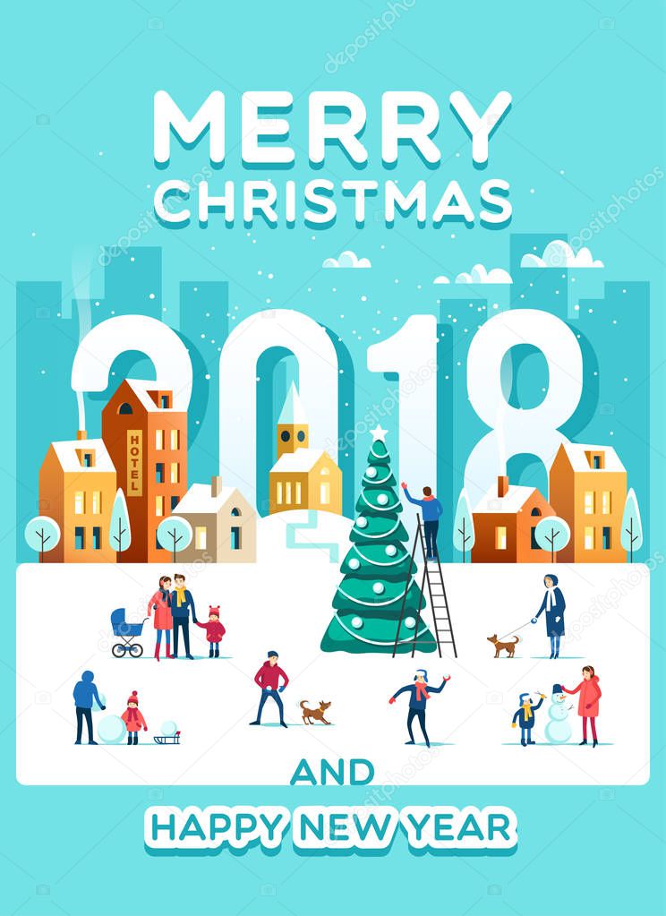 Urban winter landscape with people. Snowy street. Merry Christmas and Happy New Year greeting card. Holidays banner. Vector illustration.