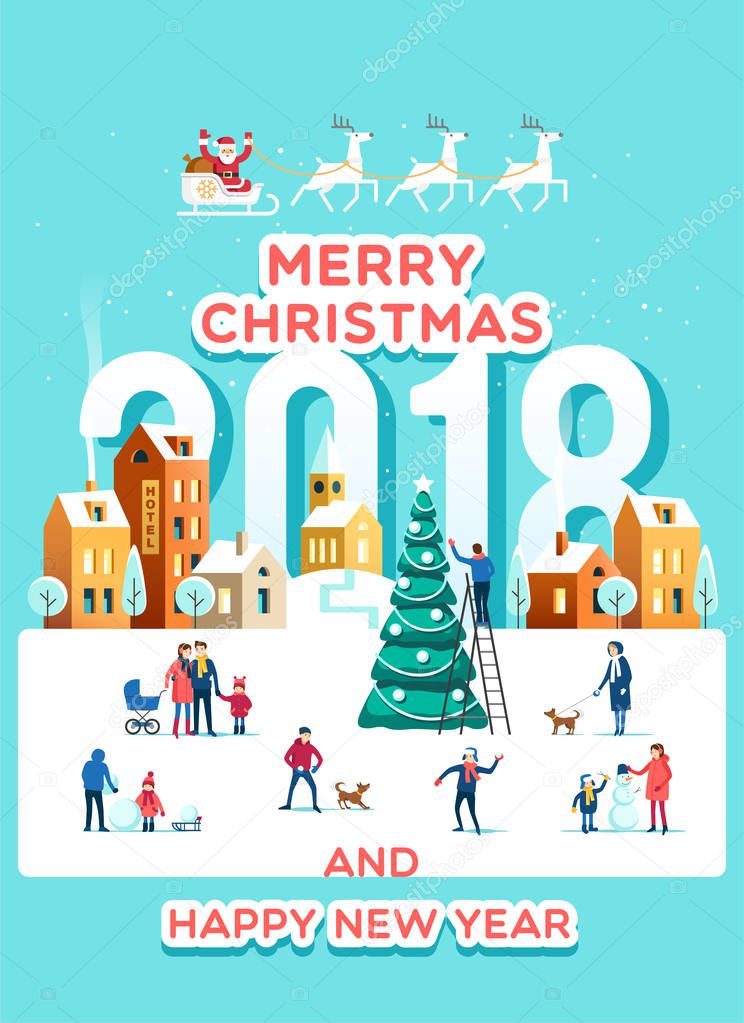 Urban winter landscape with people. Snowy street. Merry Christmas and Happy New Year greeting card. Holidays banner. Vector illustration.